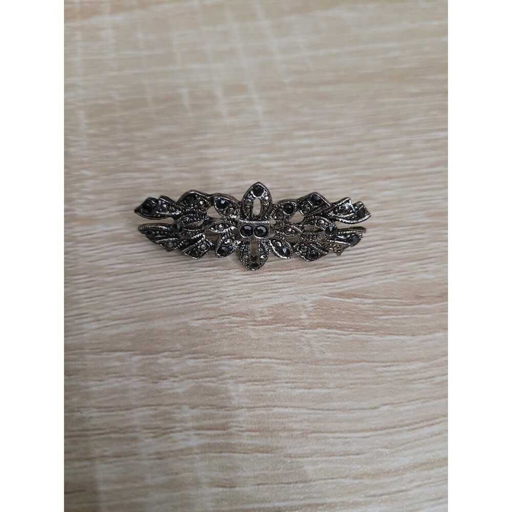 Vintage Art Deco Black Rhinestone Bejeweled Sterling Silver? Brooch Pin